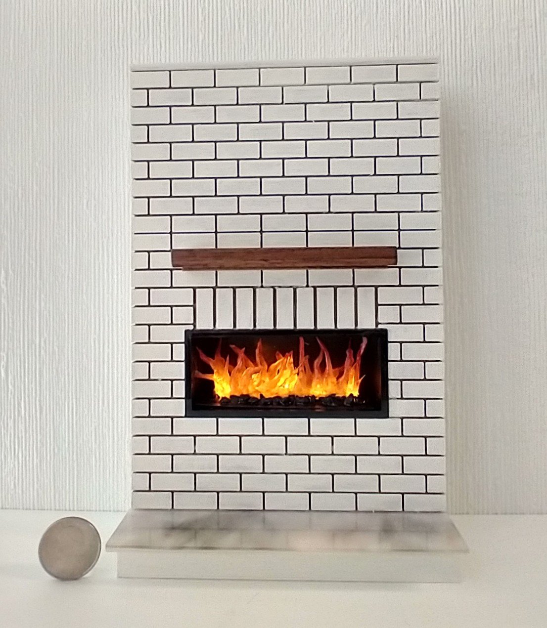 1:12 Dollhouse modern brick patterned fireplace with flickering insert slide switch battery opeated by two AAA batteries Free standing