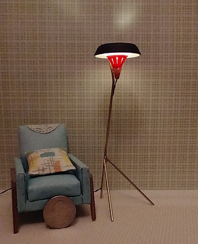 1:12 scale dollhouse mid-century style tripod floor lamp Battery operated MCM lamp with external wires