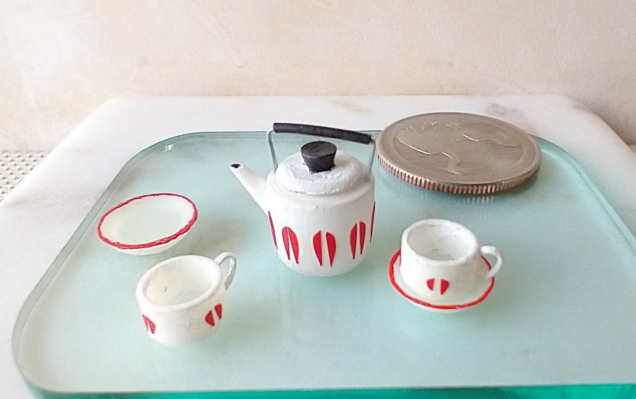 1:12 Dollhouse white teapot and cups set Mid-century modern themed tea set of the 70s MCM teapot set