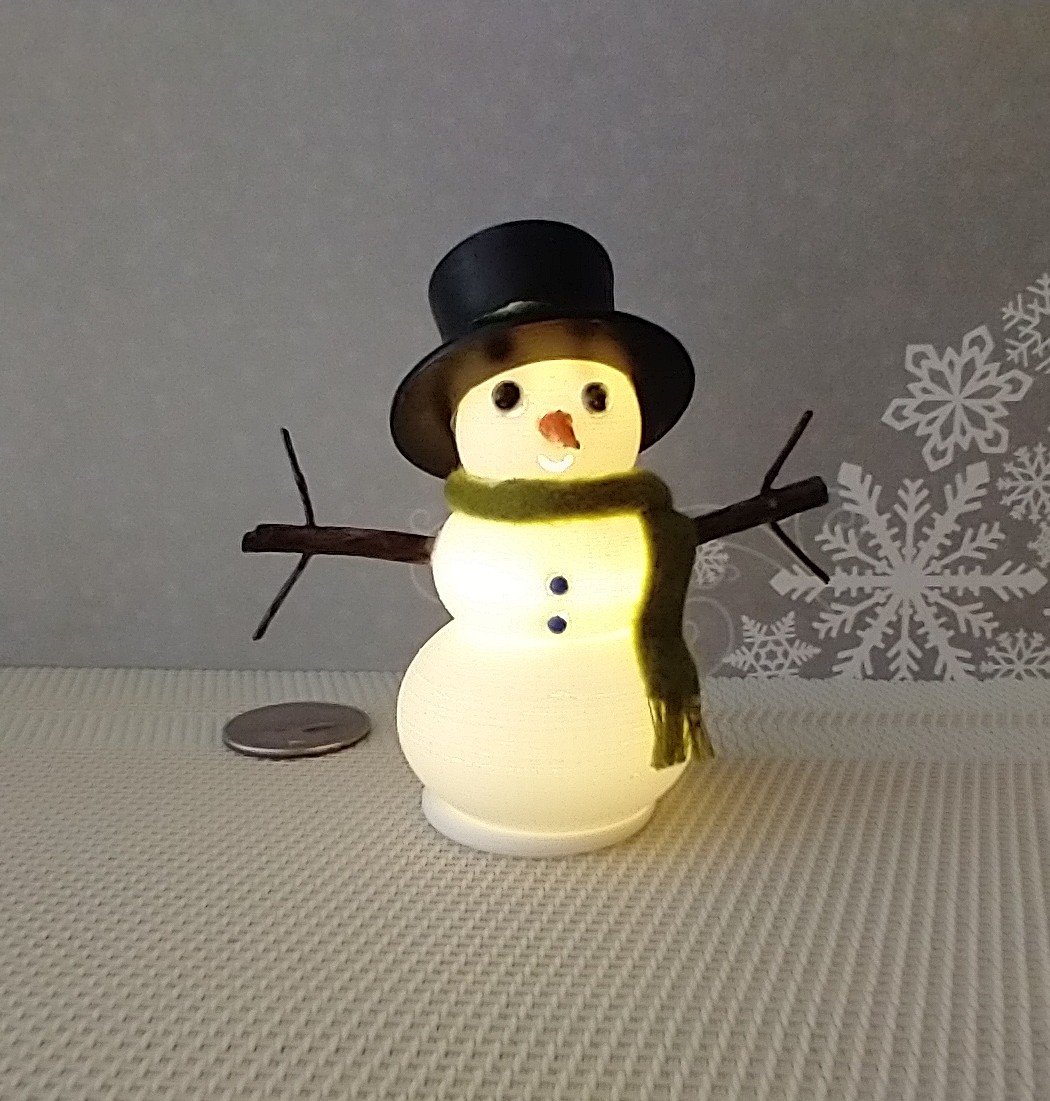 1:12 Dollhouse miniature light up snowman with removable hat Battery operated holiday decor REF Green scarf