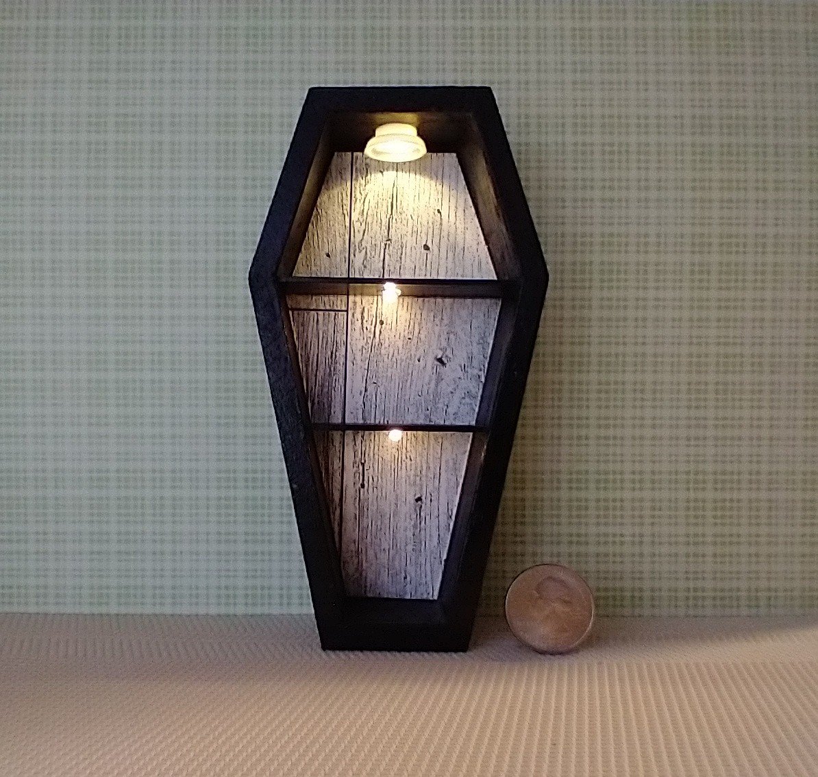 1:12 scale dollhouse miniature Halloween book shelf Black coffin display case Battery lighted Halloween display unit to showcase your mini Halloween treasures