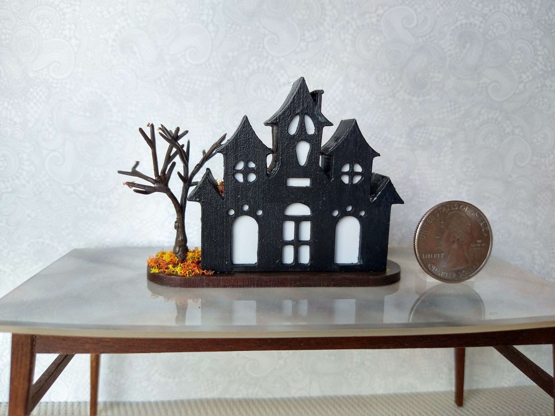 PREORDER Deposit of $1 for one unit of miniature light up halloween haunted house with leafless tree Battery operated for 1-inch scale or play scale