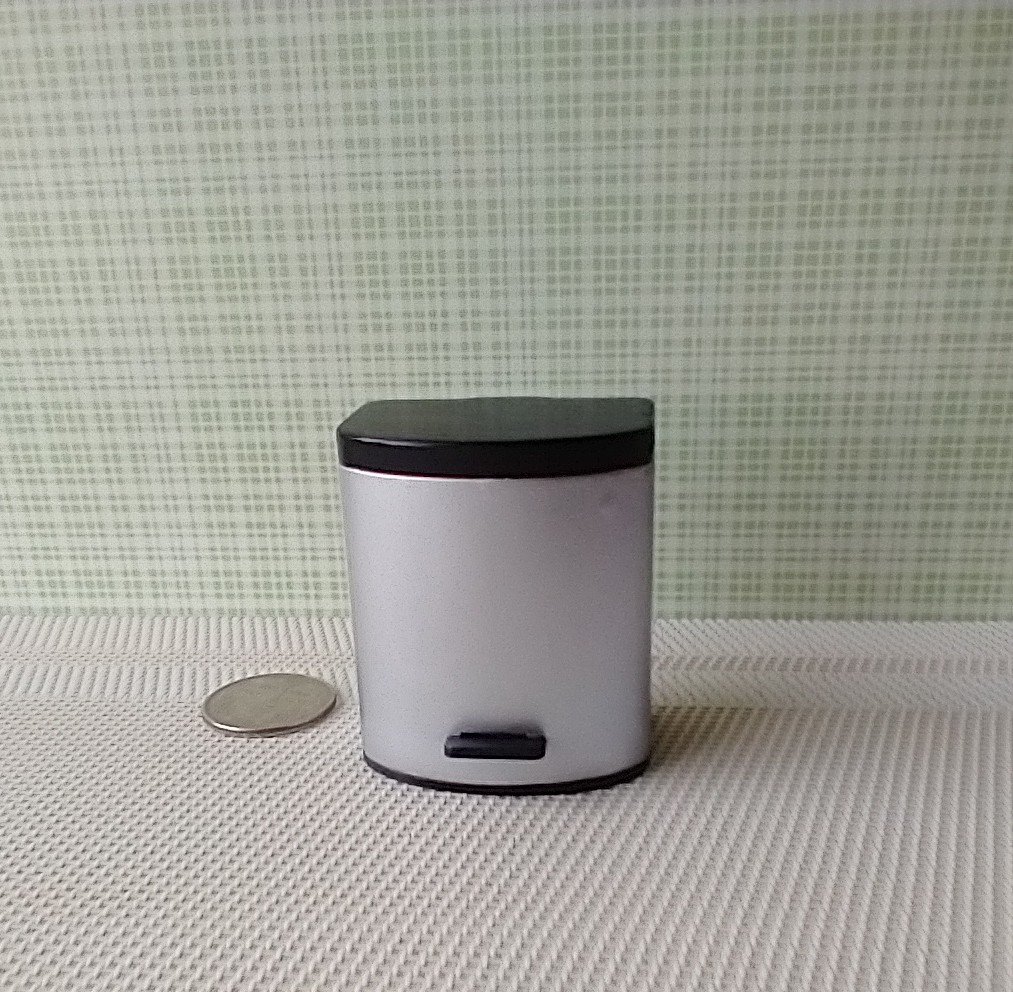 1:12 Dollhouse kitchen trash can in silvery finish with black pedal hinged black lid Modern styled trash can Kitchen garbage can