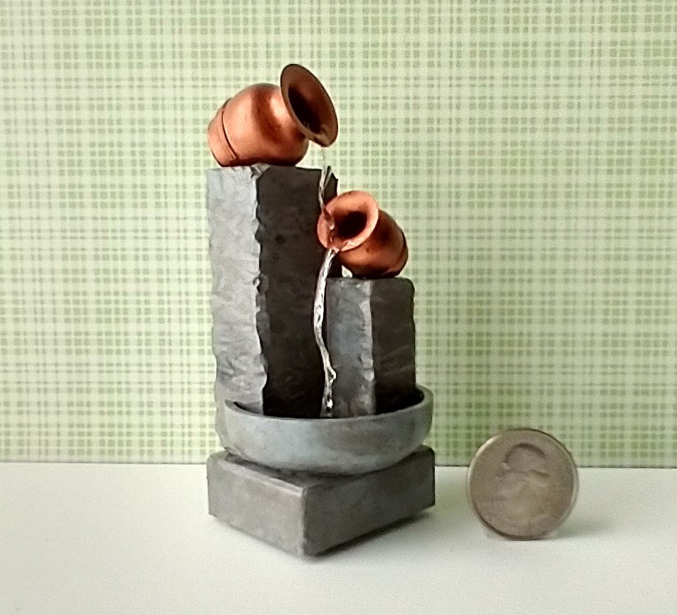 1:12 Dollhouse miniature lighted fountain in stone finish Battery lighted mini fountain for dollhouse garden or patio No external wires Pet not included