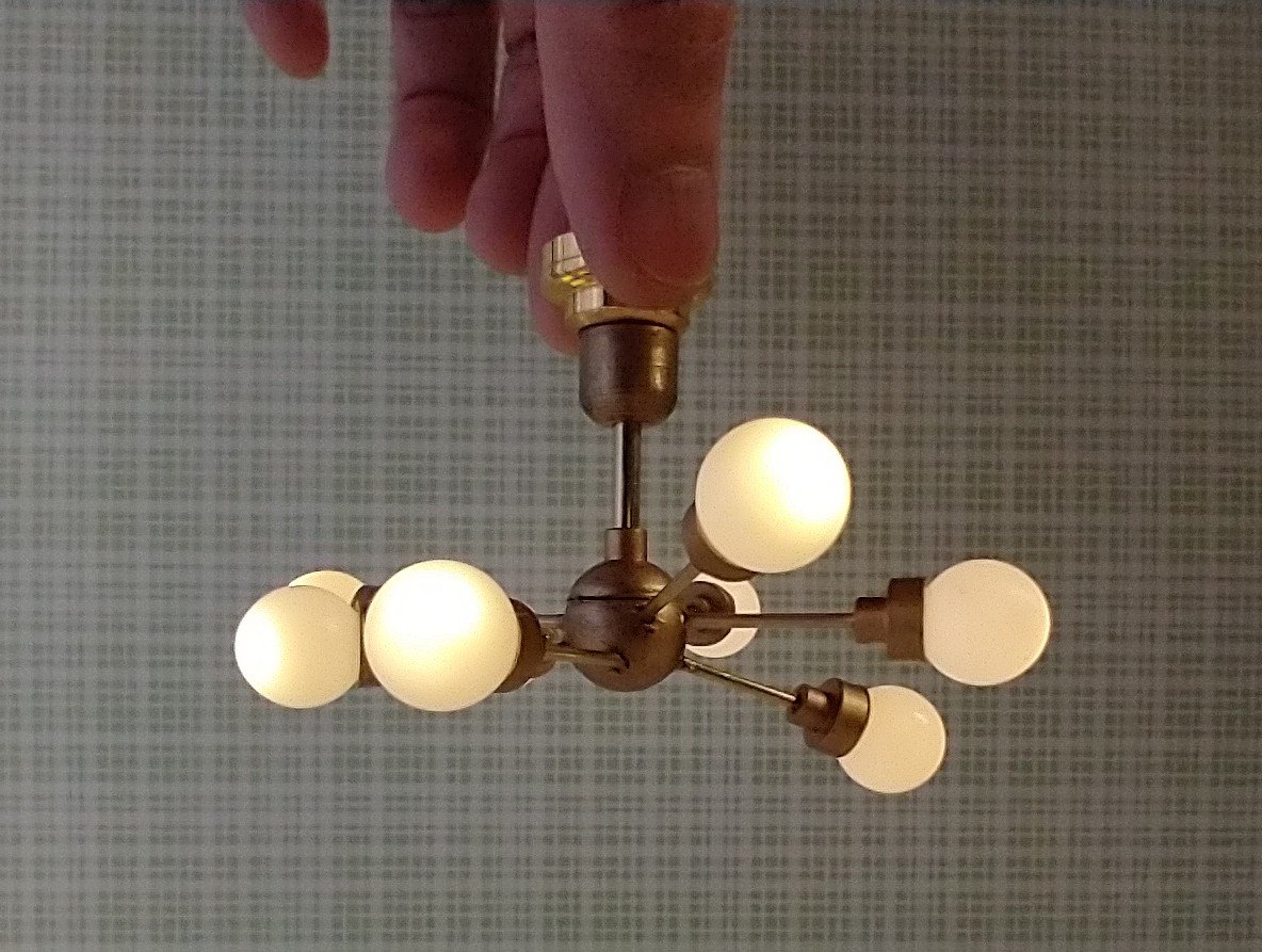 For Lisa MADE TO ORDER 1:12 Dollhouse mid-century inspired space age orbit chandelier Battery operated atomic age MCM 8-arm ceiling light Dollhouse sputnik chandelier