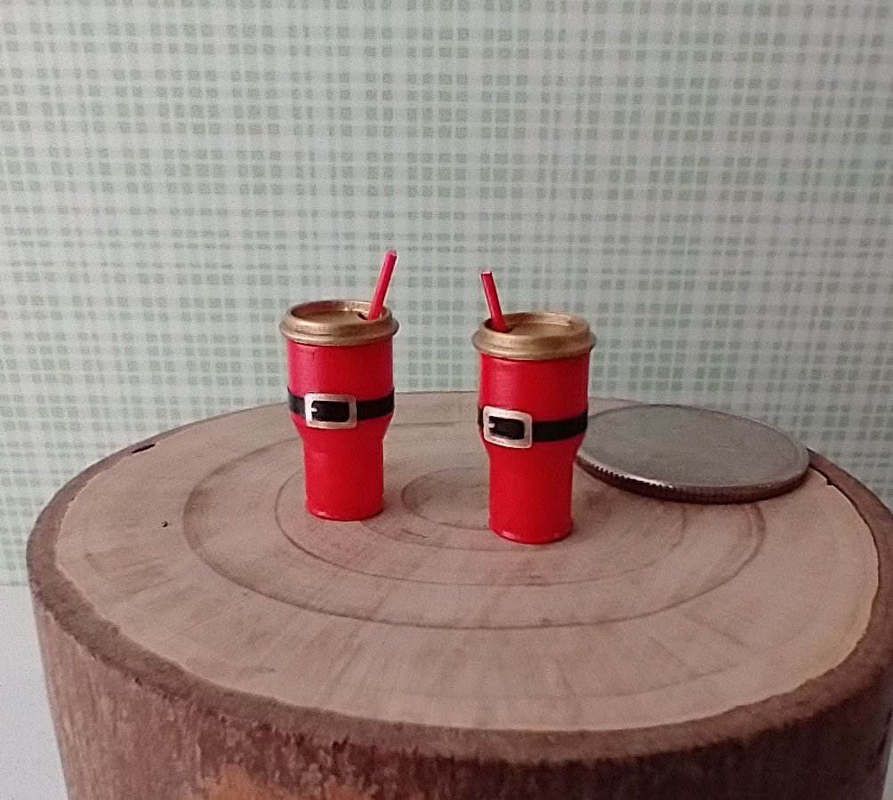 RESERVED for Judy 1:12 Dollhouse miniature holiday tumblers in red with black Santa belt decal + removable lid and red straw Two units