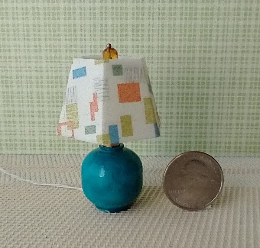 1:12 dollhouse mid-century themed table lamp with hexagonal shade Battery operated dollhouse table lamp on external wires REF Turquoise vase