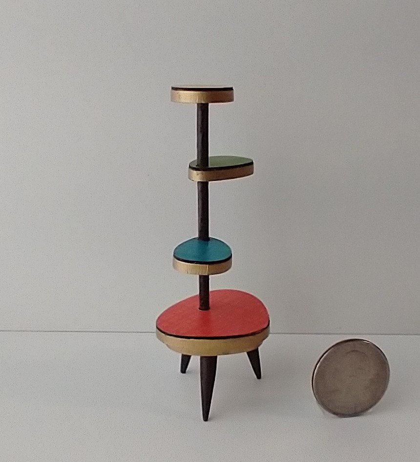 1:12 Dollhouse mid-century style plant stand inspired by Formica 4-tier plant stand with tapered legs REF Loweest coral red platform