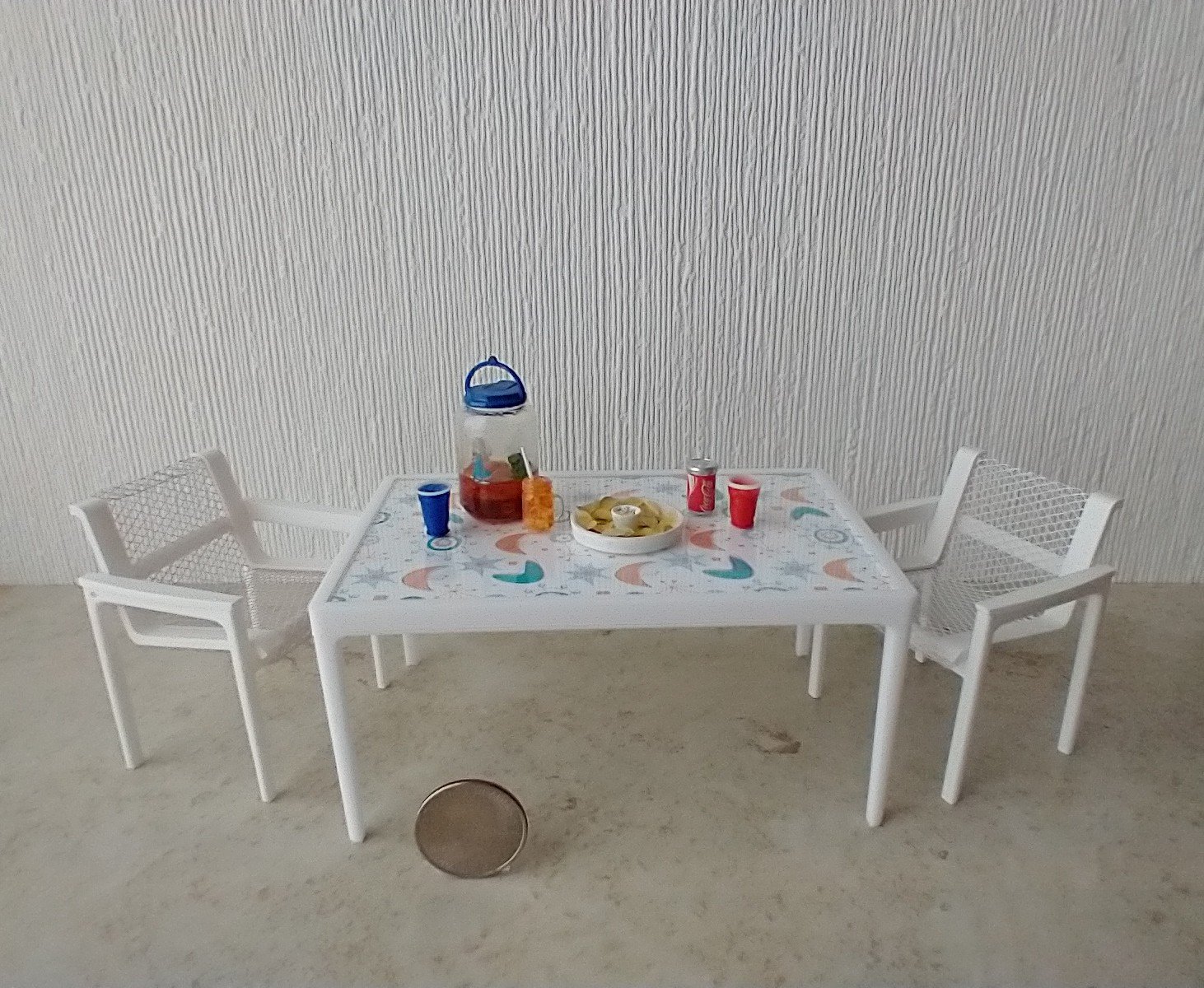 1:12 scale dollhouse patio / deck dining TABLE inspired by Richard Scultz's 1966 aluminum dining table REF clear top and MCM themed vinyl paper