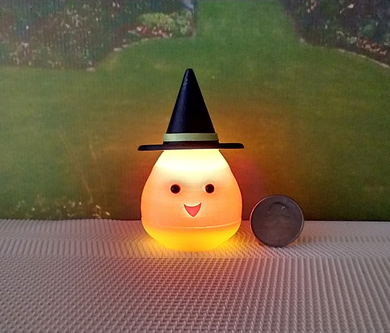 Dollhouse miniature lighted candy corn witch Battery operated Halloween decor for 1:12 or play scale REF Yellow hat trim A