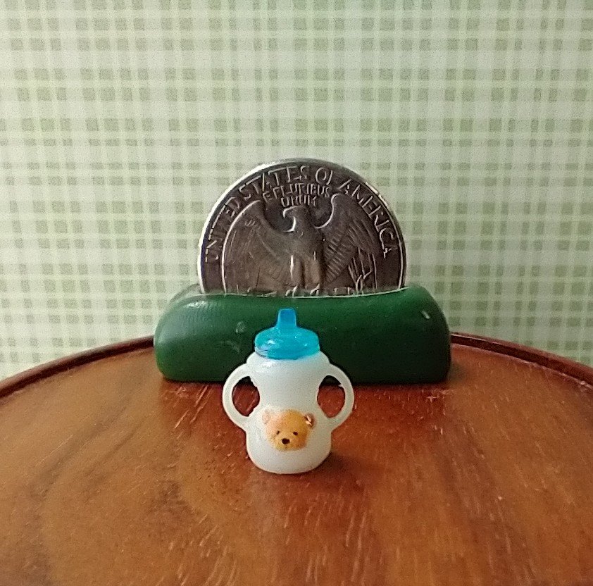 RESERVED 1:12 Dollhouse miniature white sippy cup with easy grip handles hand finished with teddy bear decal REF Blue lid