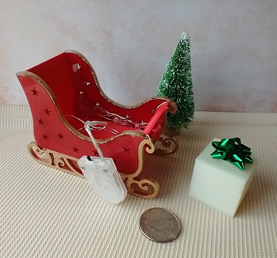 Miniature light up Santa sleigh holiday decor Battery lighted Christmas sleigh with tree and gift box for 1-inch or play scale REF Acrylic star cutouts