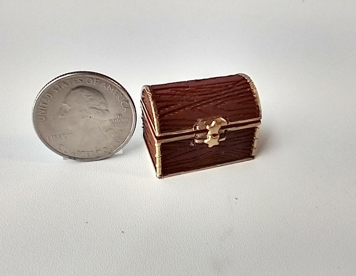 1:12 scale miniature treasure chest in chocolate color wood grain texture - an alternative to traditional pumpkin candy basket REF Small