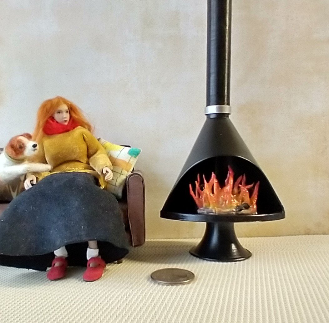 RESERVED 1:12 Dollhouse miniature Mid century modern free standing fireplace MCM Black fireplace inspired by Malm fireplace Retro fireplace REF Black