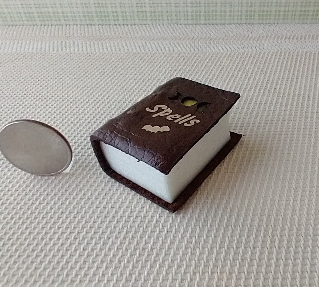 Mini leather bound book of spells Battery lighted Halloween spell book Halloween decor REF Medium brown leather