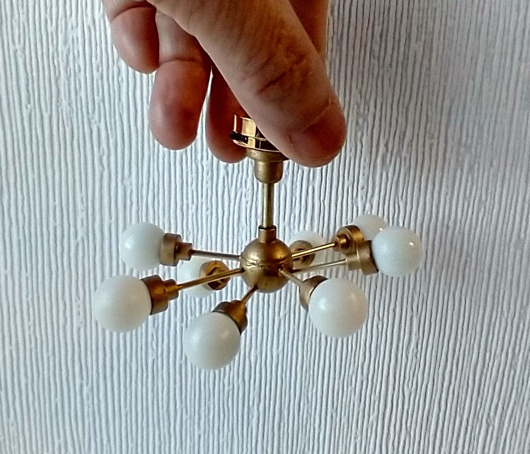 For Lisa MADE TO ORDER 1:12 Dollhouse mid-century inspired space age orbit chandelier Battery operated atomic age MCM 8-arm ceiling light Dollhouse sputnik chandelier