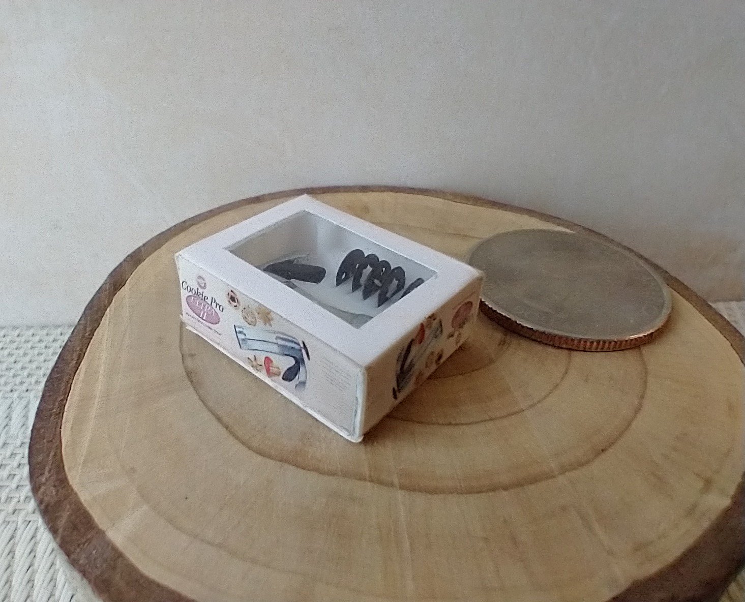 1:12 Dollhouse miniature cookie press and discs set in packaging box with clear front window Boxed spritz cookie press Price is for EACH set