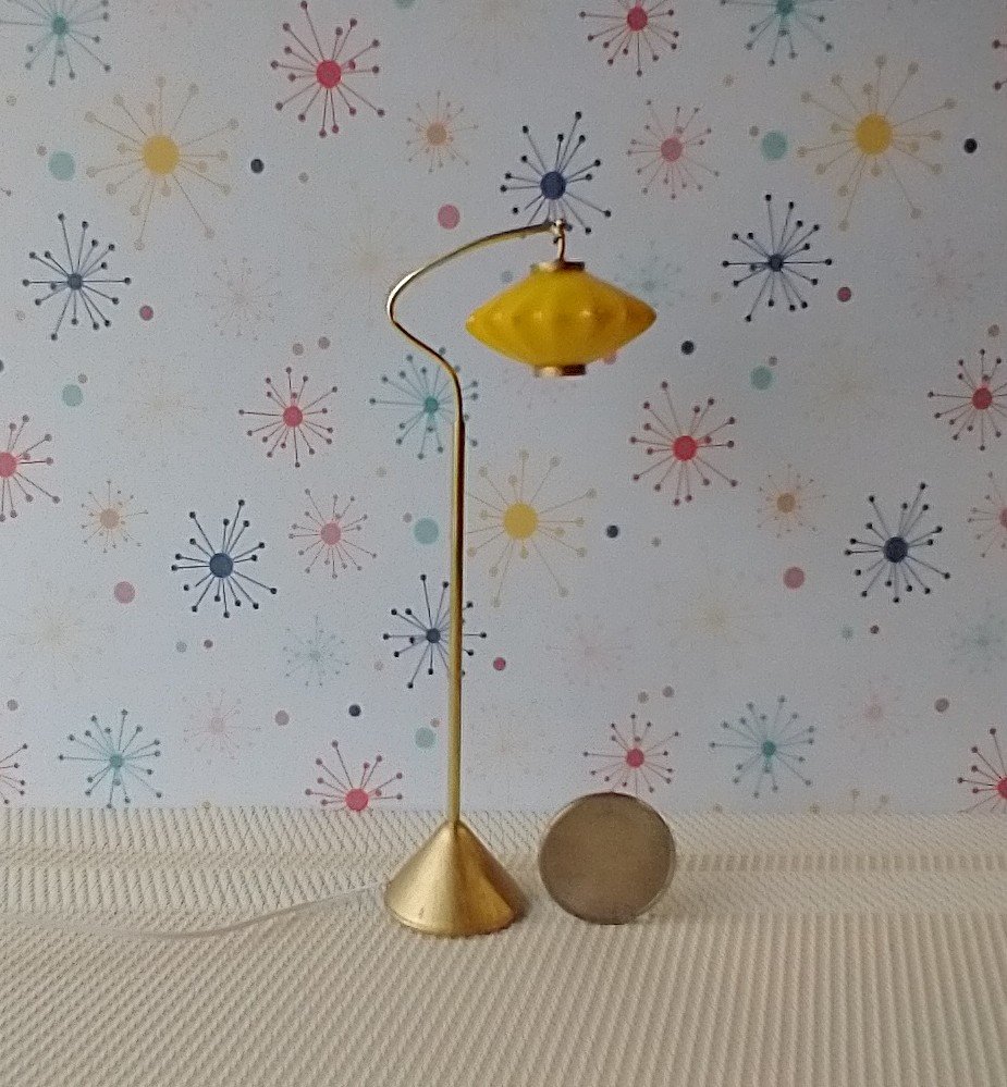 1:12 scale dollhouse mid-century style  cocoon floor lamp Inspired by a vintage Scandinavian design of the 50s Battery operated MCM lamp with external wires REF Curved post