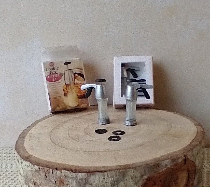1:12 Dollhouse miniature cookie press and discs set in packaging box with clear front window Boxed spritz cookie press Price is for EACH set
