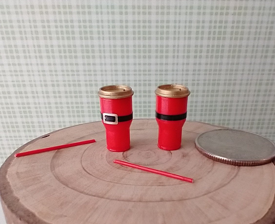 RESERVED for Judy 1:12 Dollhouse miniature holiday tumblers in red with black Santa belt decal + removable lid and red straw Two units