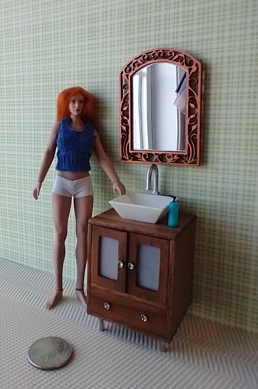 RESERVED 1:12 Dollhouse contemporary bath single sink vanity cabinet in solid walnut two working doors with frosted panes and chrome finish legs and hardware