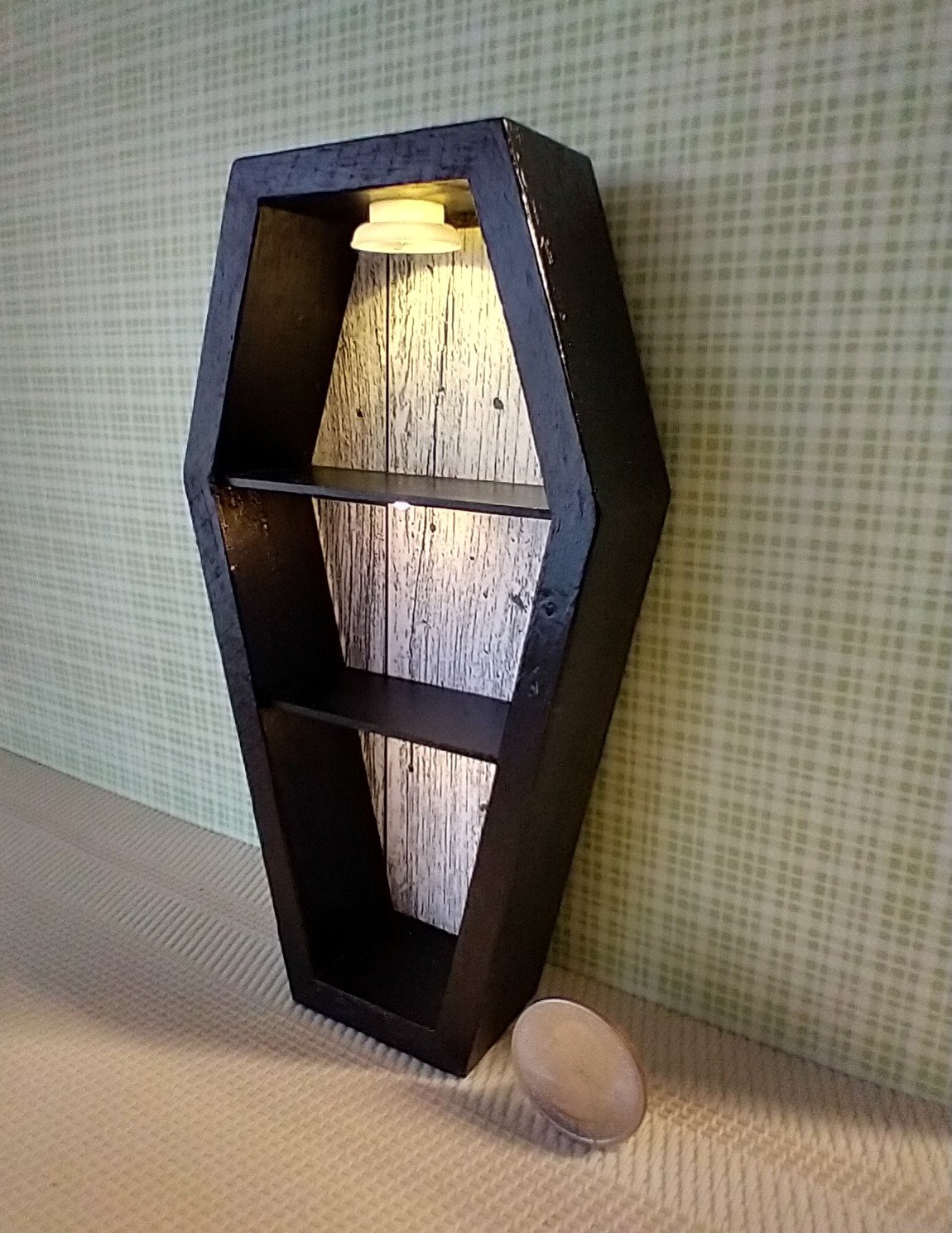 1:12 scale dollhouse miniature Halloween book shelf Black coffin display case Battery lighted Halloween display unit to showcase your mini Halloween treasures