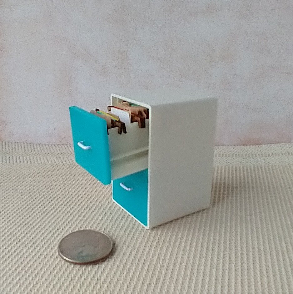 1:12 Dollhouse 2-drawer filing cabinet with rounded corners contemporary style for mini home office or craft room REF Turquoise filing