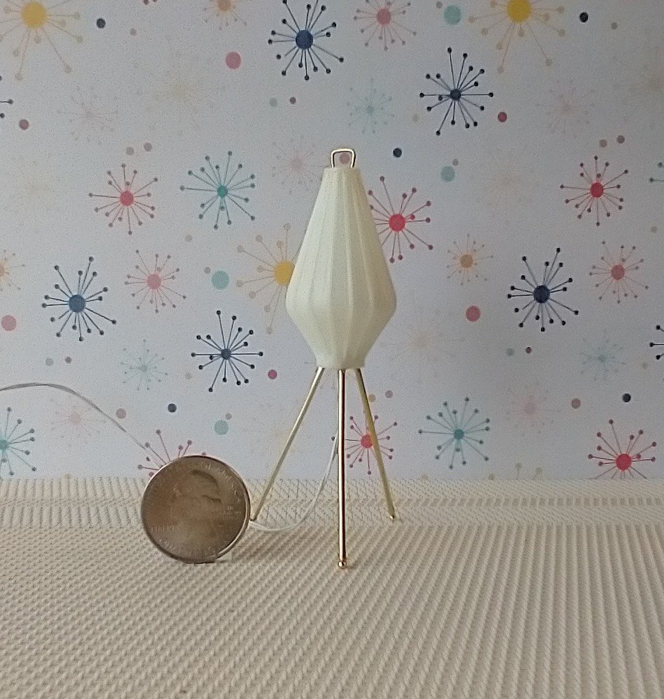 1:12 scale dollhouse mid-century modern tripod floor lamp Inspired by a vintage cocoon floor lamp Battery operated MCM lamp with external wires REF Mini tripod