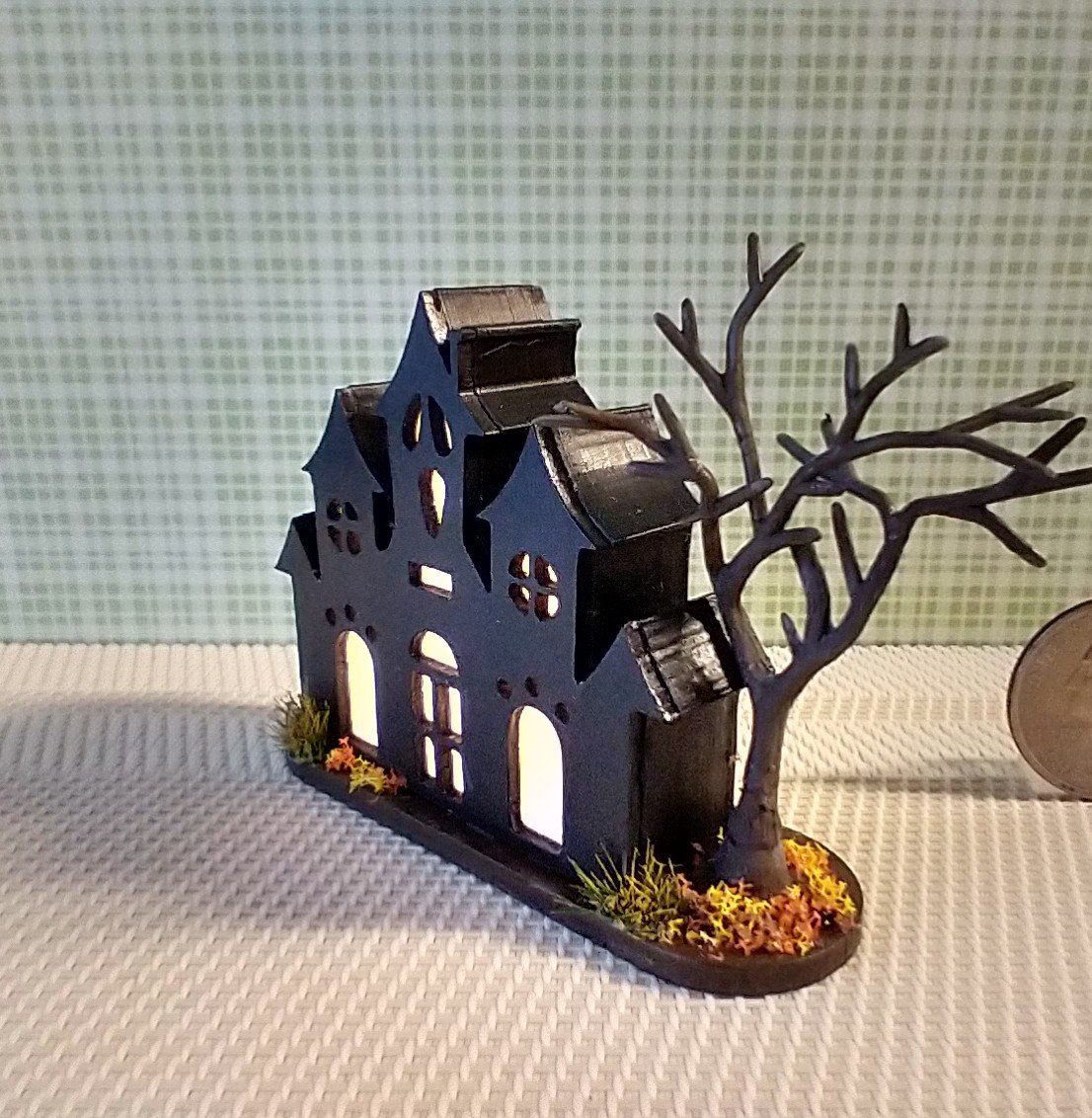 RESERVED Miniature light up halloween haunted house with leafless tree Battery operated for 1-inch scale or play scale REF 2