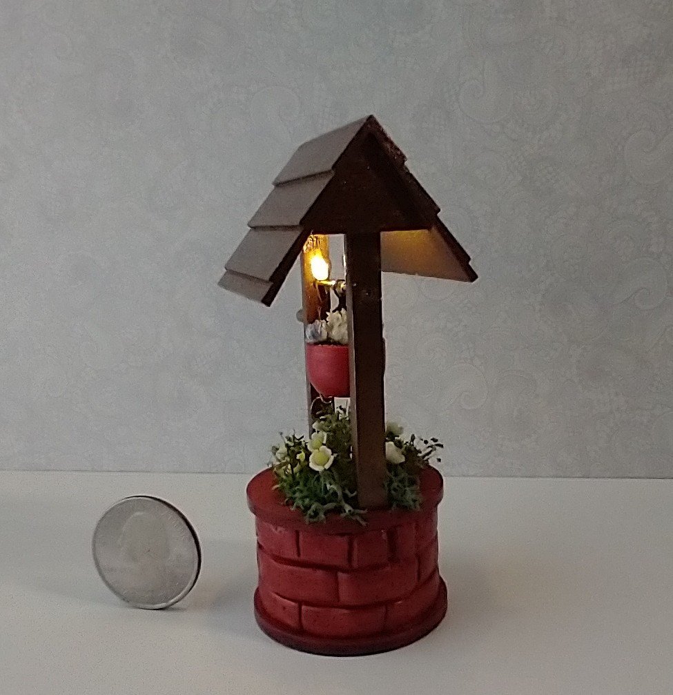 1:12 Dollhouse miniature battery operated lighted red brick wishing well planter with flowers