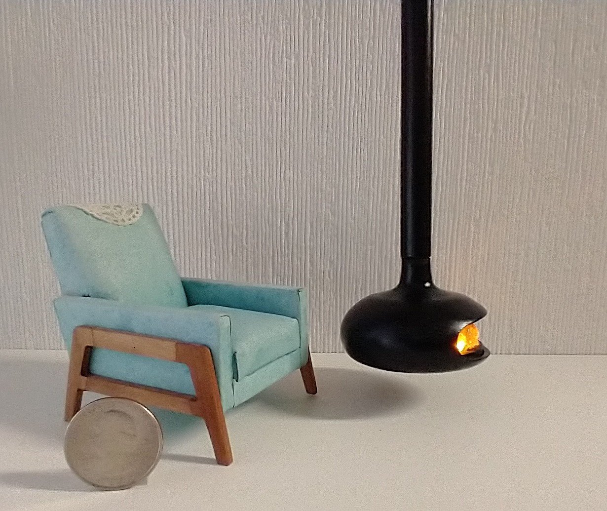 RESERVED for Sherryl.  1:12 Dollhouse miniature hanging modern fireplace with flickering insert REF Black