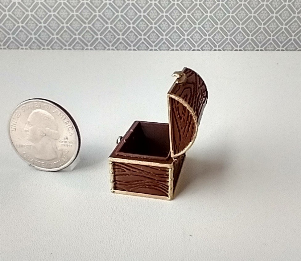 1:12 scale miniature treasure chest in chocolate color wood grain texture - an alternative to traditional pumpkin candy basket REF Small