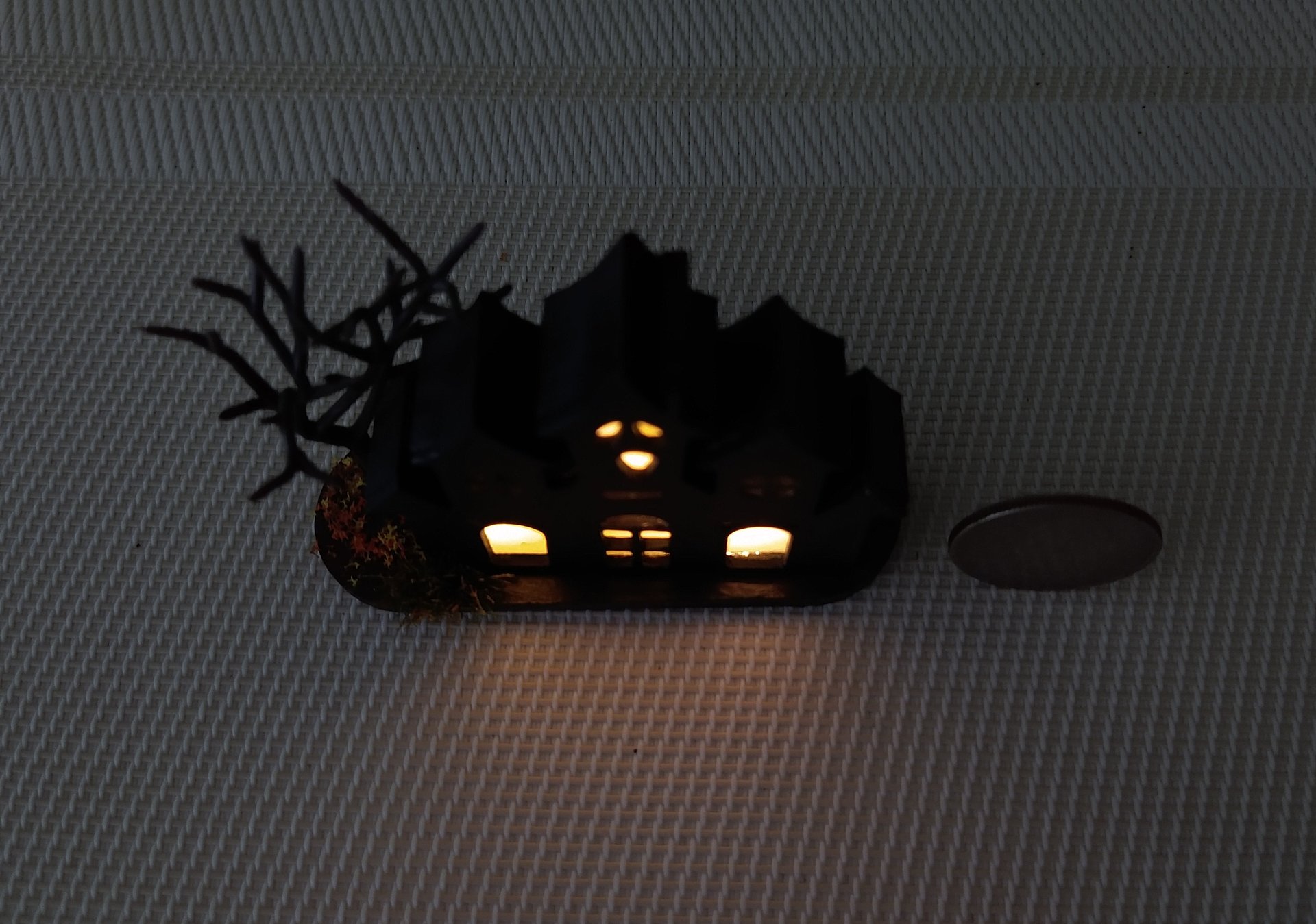 RESERVED Miniature light up halloween haunted house with leafless tree Battery operated for 1-inch scale or play scale REF 1