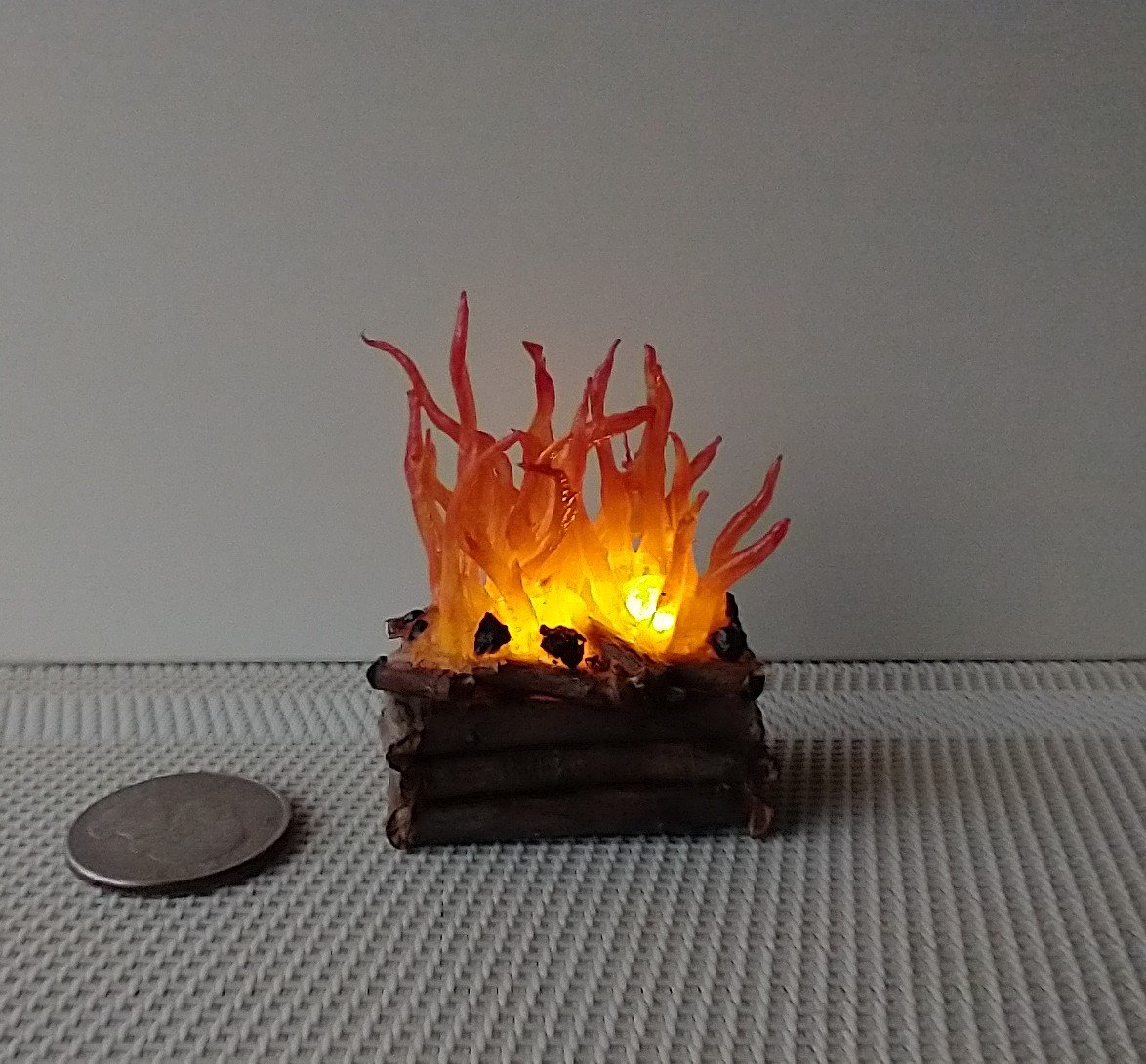 1:12 Dollhouse realistic light up firelogs insert with flickering flames Battery operated lit logs 1 unit Fireplace not included