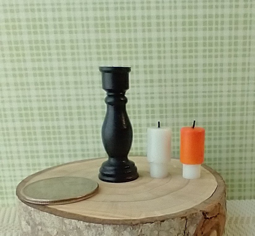 1:12 or play scale black candlestick holder with two removable candles (white and orange) REF Resin tall holder