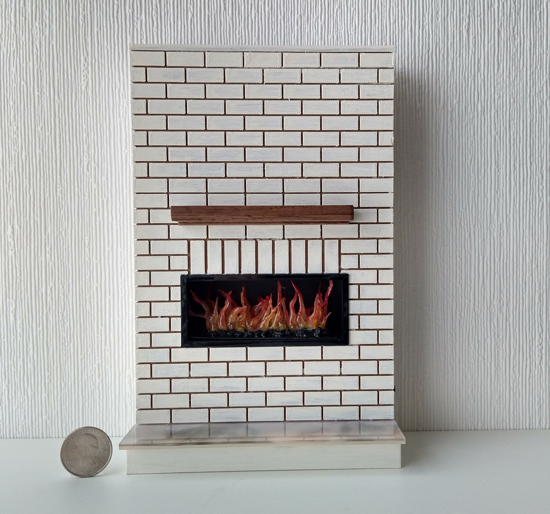 1:12 Dollhouse modern brick patterned fireplace with flickering insert slide switch battery opeated by two AAA batteries Free standing