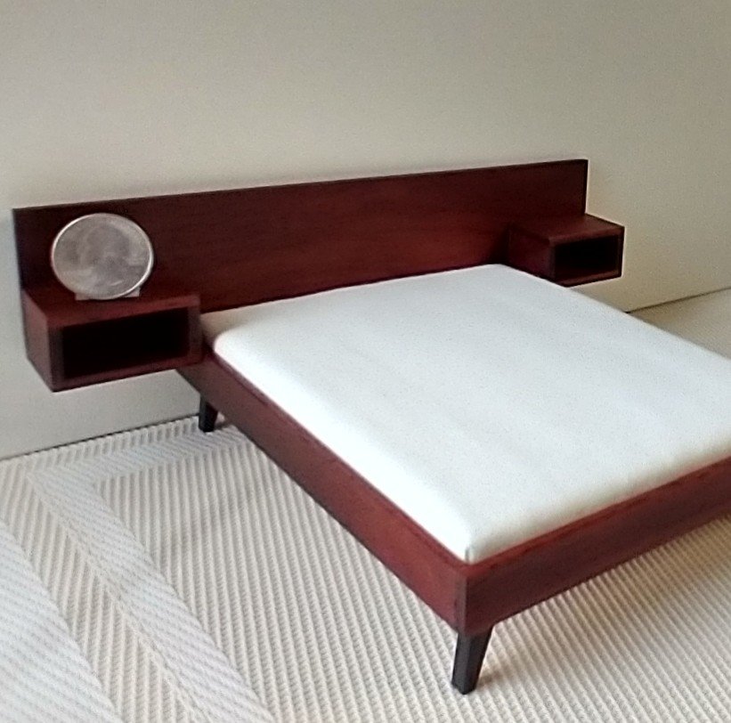 1:12 dollhouse MCM platform bed with built in night stands in solid African padauk comes with cotton fabric covered mattress