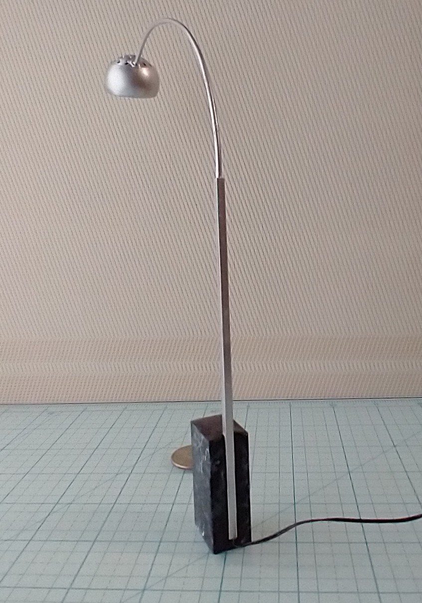 1:12 Dollhouse arc floor lamp with faux stone lamp base Mid century styled lamp Battery operated LED floor lamp on external wires
