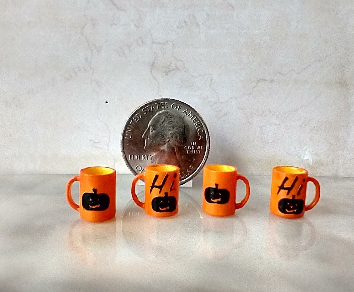 1:12 Dollhouse miniature orange mug with black pumpkin decals PRICE is for ONE REF Straight orange