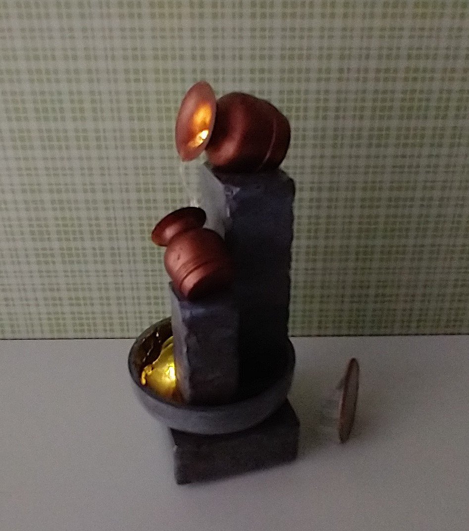 1:12 Dollhouse miniature lighted fountain in stone finish Battery lighted mini fountain for dollhouse garden or patio No external wires Pet not included