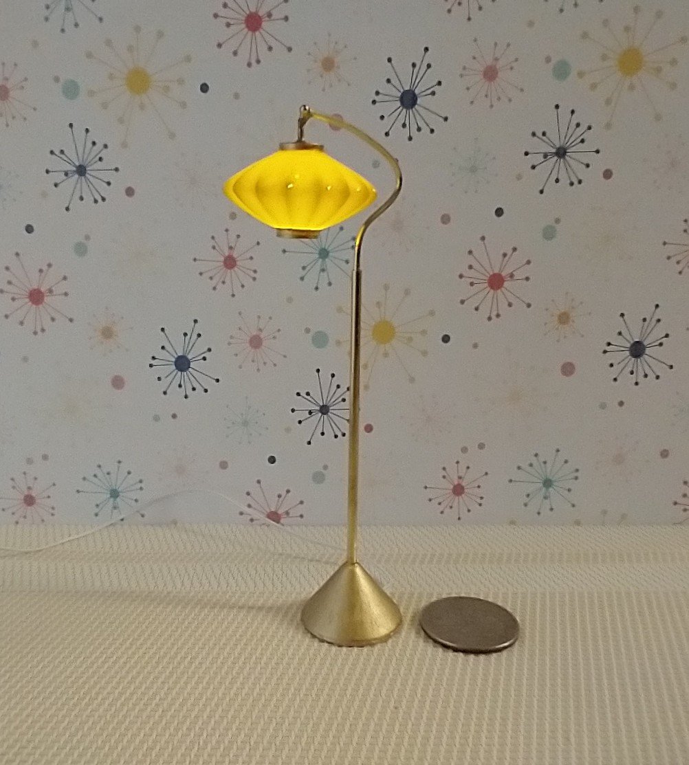 1:12 scale dollhouse mid-century style  cocoon floor lamp Inspired by a vintage Scandinavian design of the 50s Battery operated MCM lamp with external wires REF Curved post