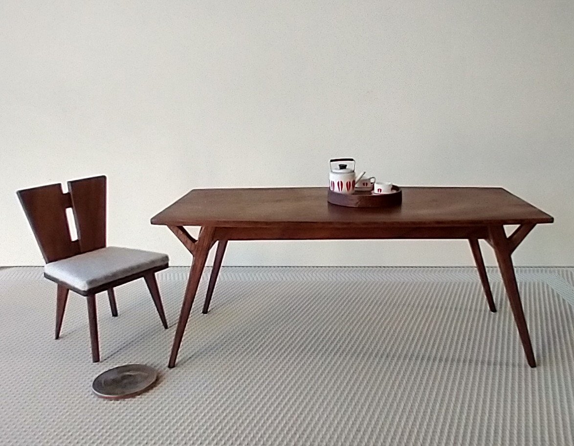 1:12 Dollhouse dining table and four chairs set in solid walnut Mid-century styled dining set