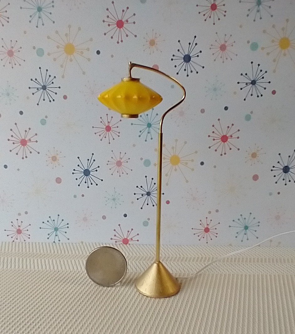 1:12 scale dollhouse mid-century style  cocoon floor lamp Inspired by a vintage Scandinavian design of the 50s Battery operated MCM lamp with external wires REF Curved post