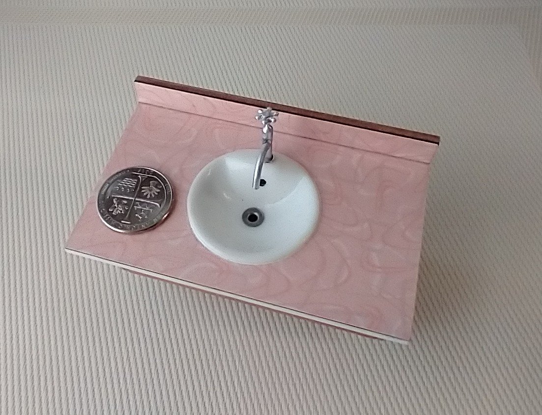 1:12 Dollhouse mid-century style bath single sink vanity cabinet Angled cabinet undermount sink with backsplash and sliding doors