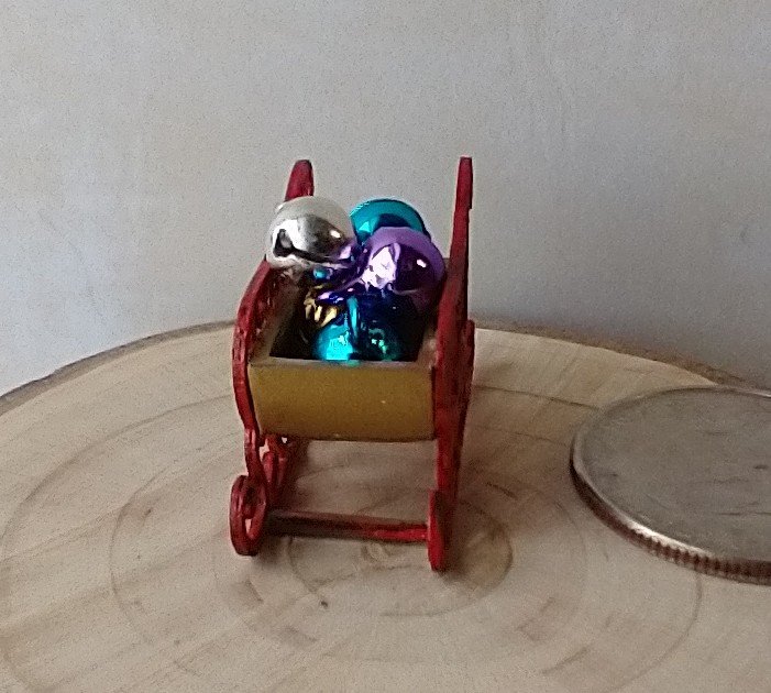 1:12 Dollhouse red holiday sleigh loaded with colorful metal jingle bells REF Golden pod