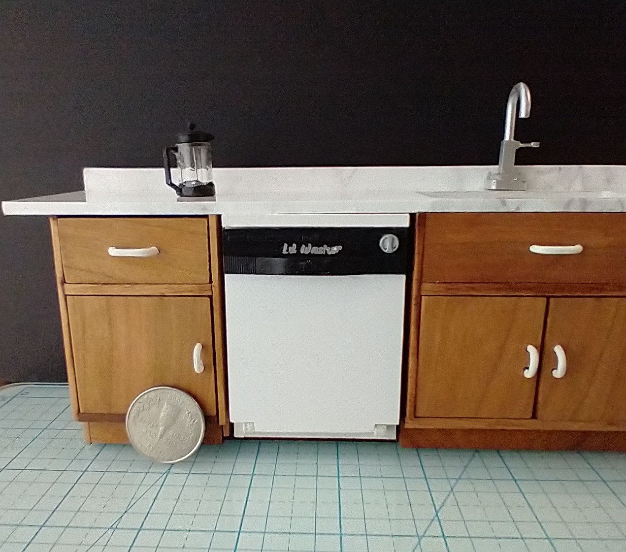 1:12 Dollhouse dishwasher with two slide out racks one flatware basket and detergent holder and hinged door REF White