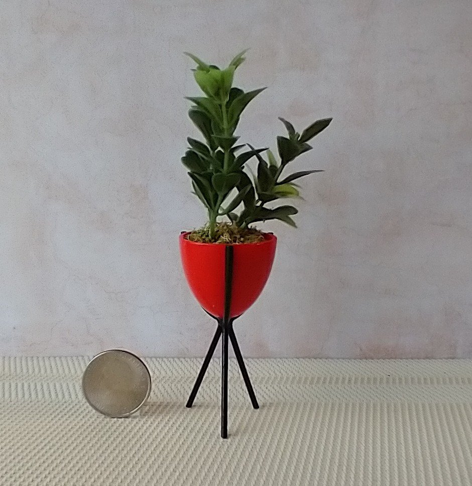 1:12 Dollhouse MCM style atomic bullet planter Miniature modern planter with tripod legs REF Tall red
