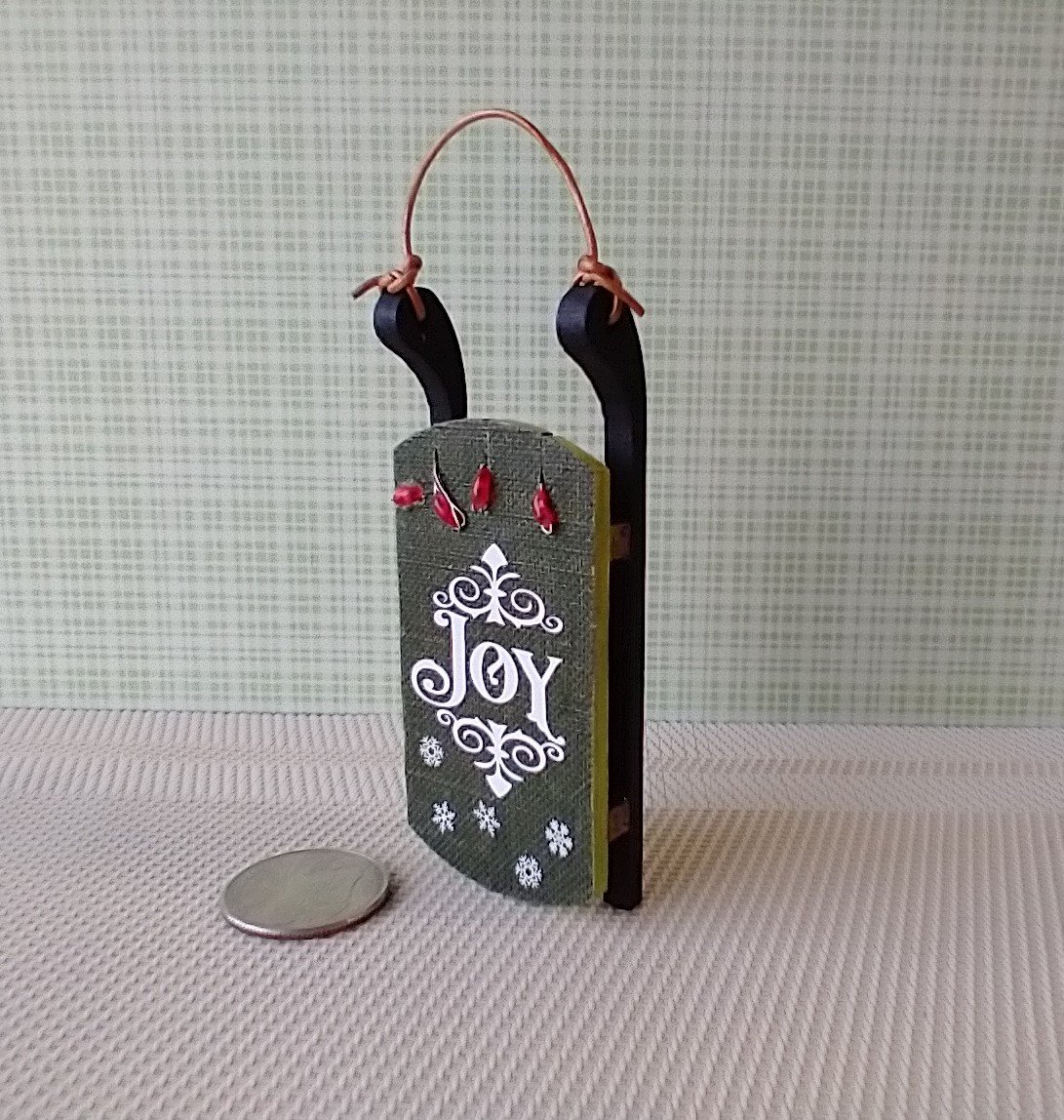 1:12 scale dollhouse light up wooden sled Joy sign decor Battery operated holiday light on green sled REF Lighted JOY on green