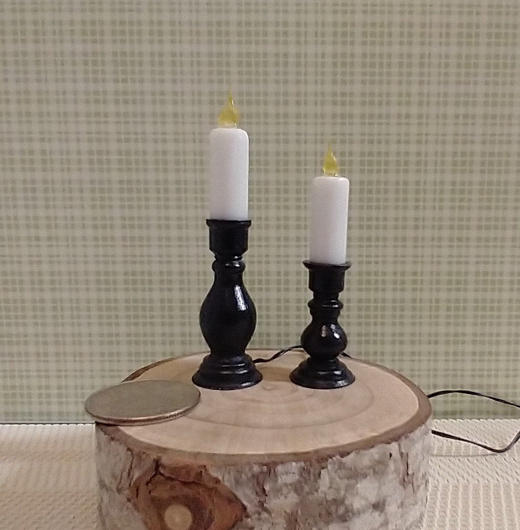 1:12 Dollhouse set of two floor candlestick holders with flickering flames Battery operated light up candles in a pair of candlestick holders