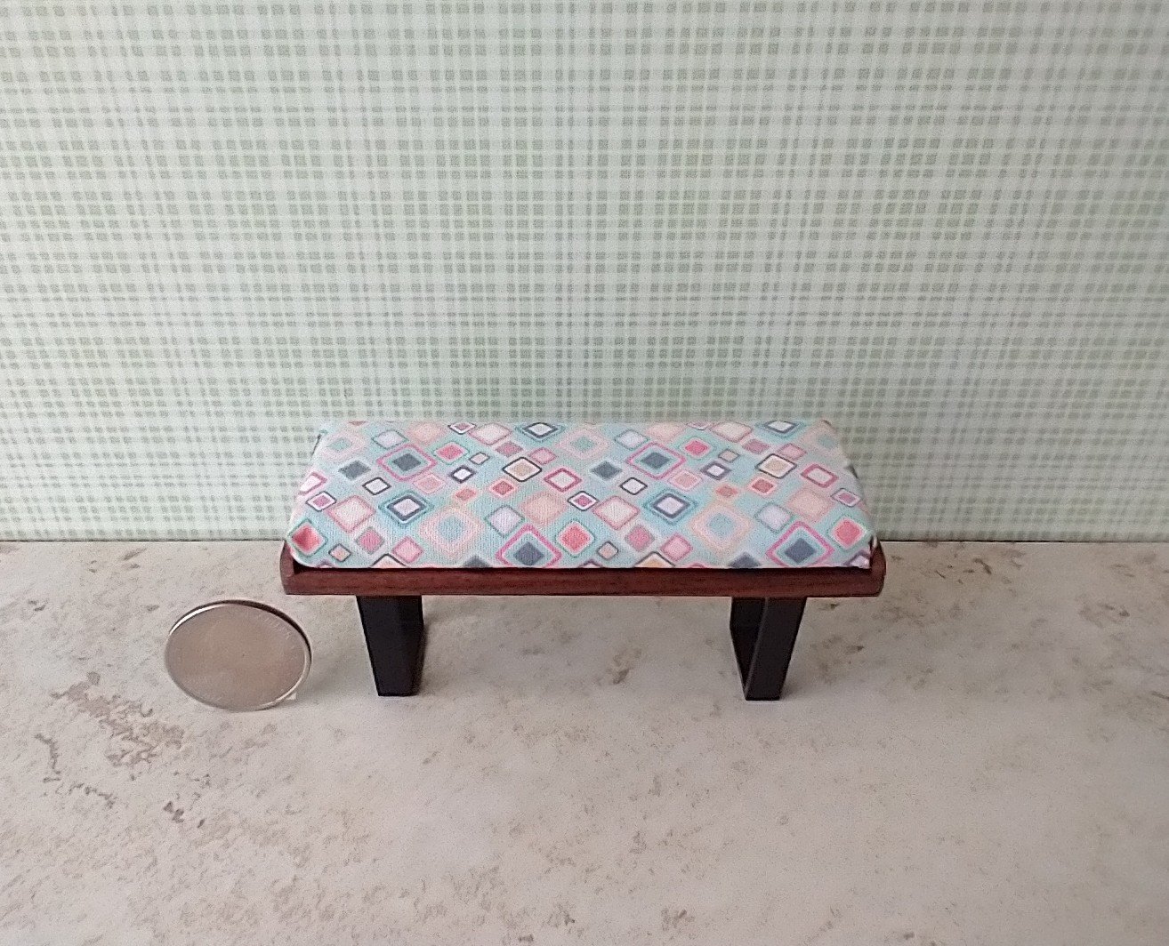 1:12 scale miniature mid-century modern bench with removable cushion REF Walnut
